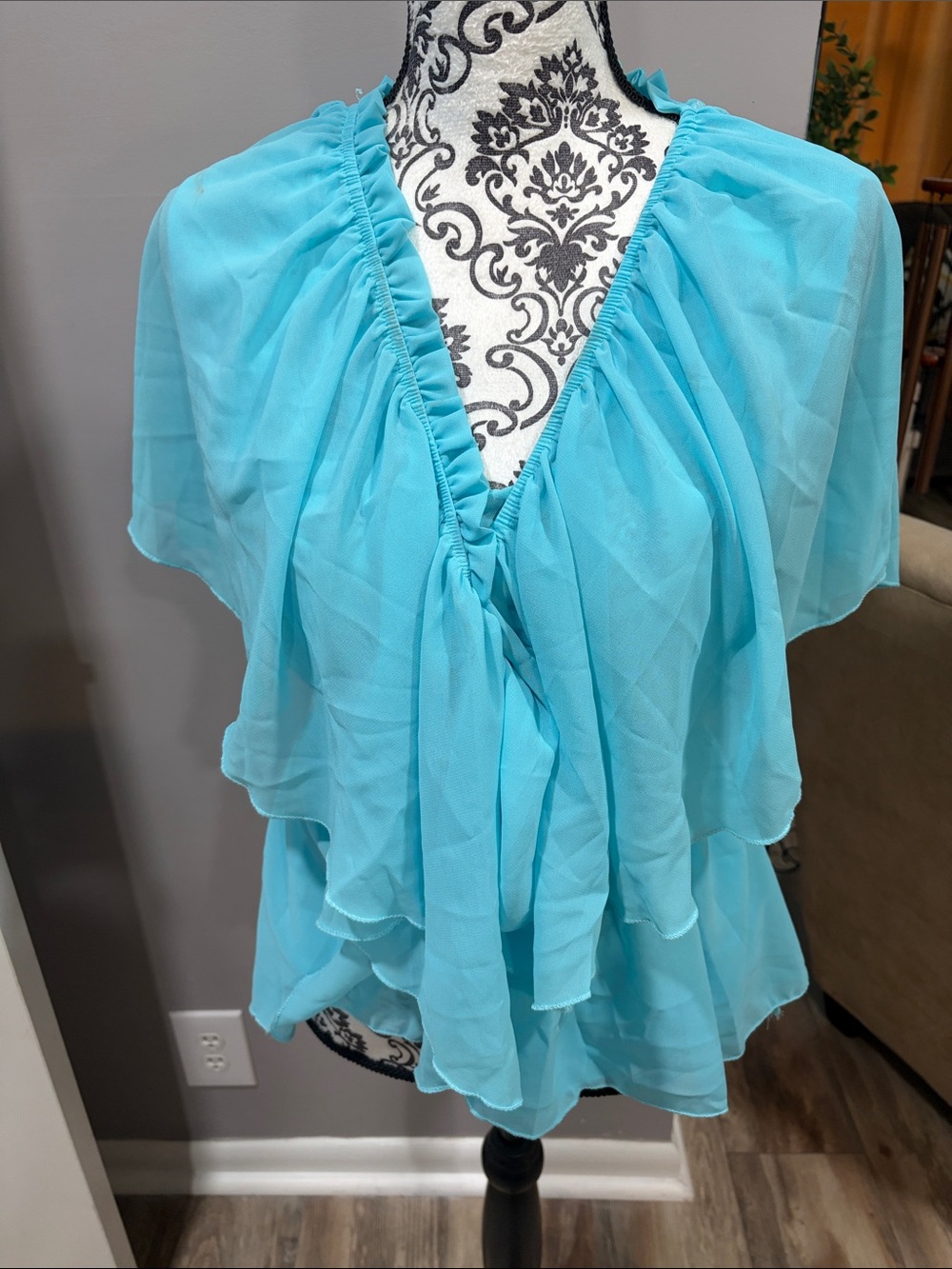 Light Blue Ruffle V-Neck Women's Top